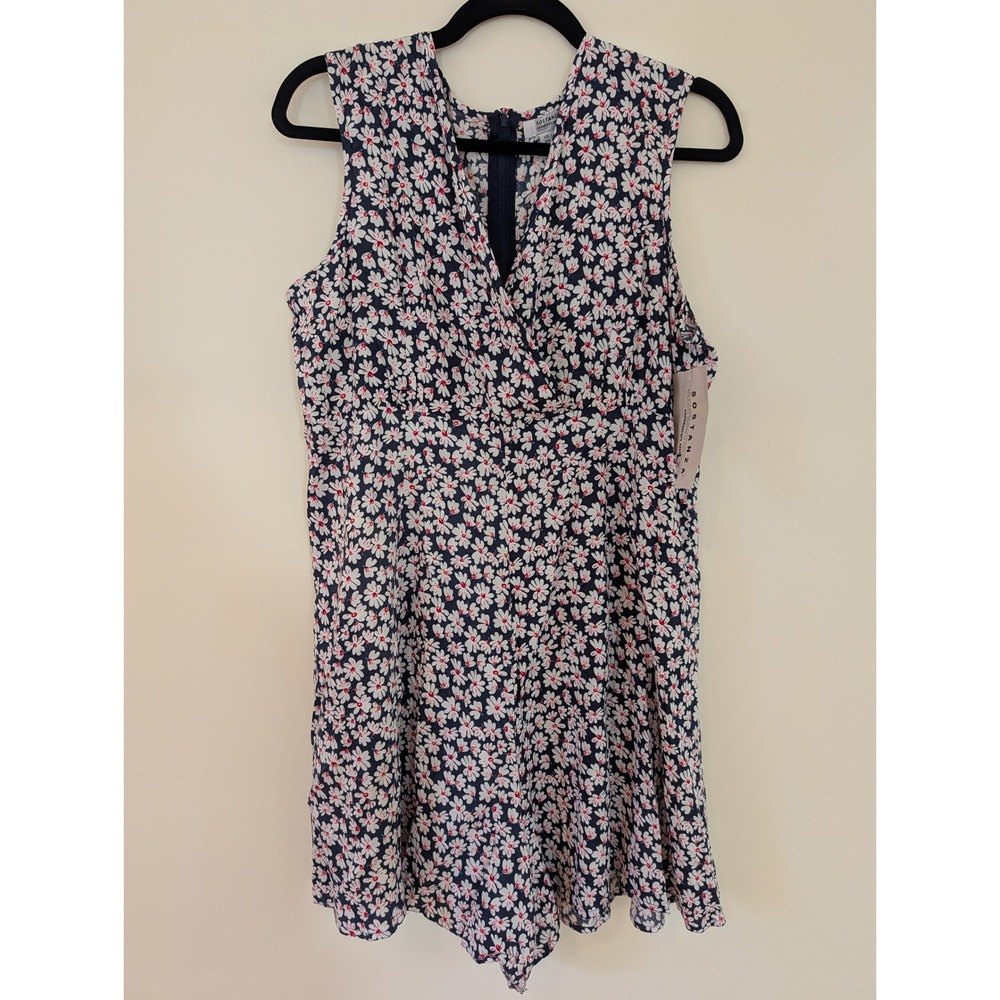 NWT Vintage Sostanza 90s Daisy Floral Rayon Romper Large Blue Pink V-Nec